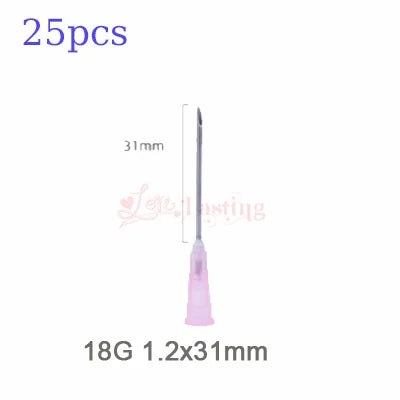 25pcs Disposable Sharp Needles – 18G to 34G Sterile Stainless Steel Tattoo & Hyaluronic Acid Needles