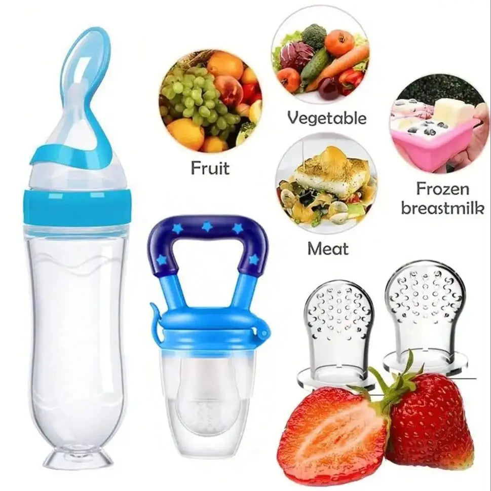 4-Piece Baby Feeding Set - Bottle, Fruit & Vegetable Feeder with Suction Base and Mesh Bags