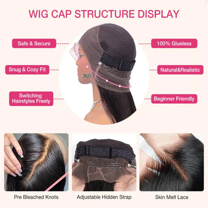 Invisi Strap 360 Lace Front Human Hair Wig – Preplucked 250% Density Body Wave HD Lace, Glueless Wig