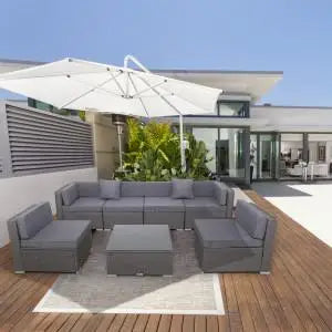 7-Piece Outdoor Patio Furniture Set with Cushions – PE Rattan Modular Sofa Set, Coffee Table & Pillows