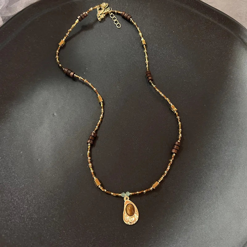 Vintage Natural Stone Pendant Necklace - Brown Geometric Long Leather Rope Chain Jewelry Gift for Women