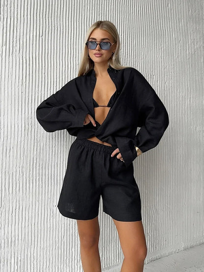 Bornladies Women’s Cotton Casual Shorts Set – Solid Color Lapel Long Sleeve Shirt & Elastic Waist Shorts Outfit for Daily Wear & Vacation Style