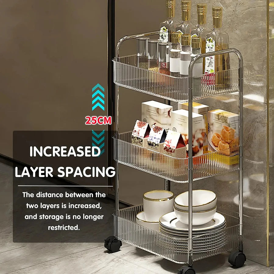 Transparent Acrylic Rolling Storage Cart - 2/3/4-Tier Trolley with Removable Hanging Baskets