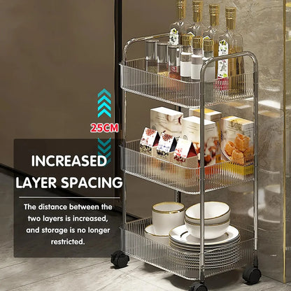 Transparent Acrylic Rolling Storage Cart - 2/3/4-Tier Trolley with Removable Hanging Baskets