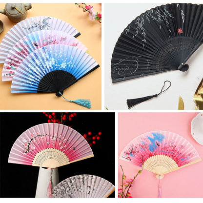 Bamboo Folding Fan with Silk — Chinese & Japanese Style Handheld Fan, Antique Art Craft for Summer Dance, Home Decor & Party