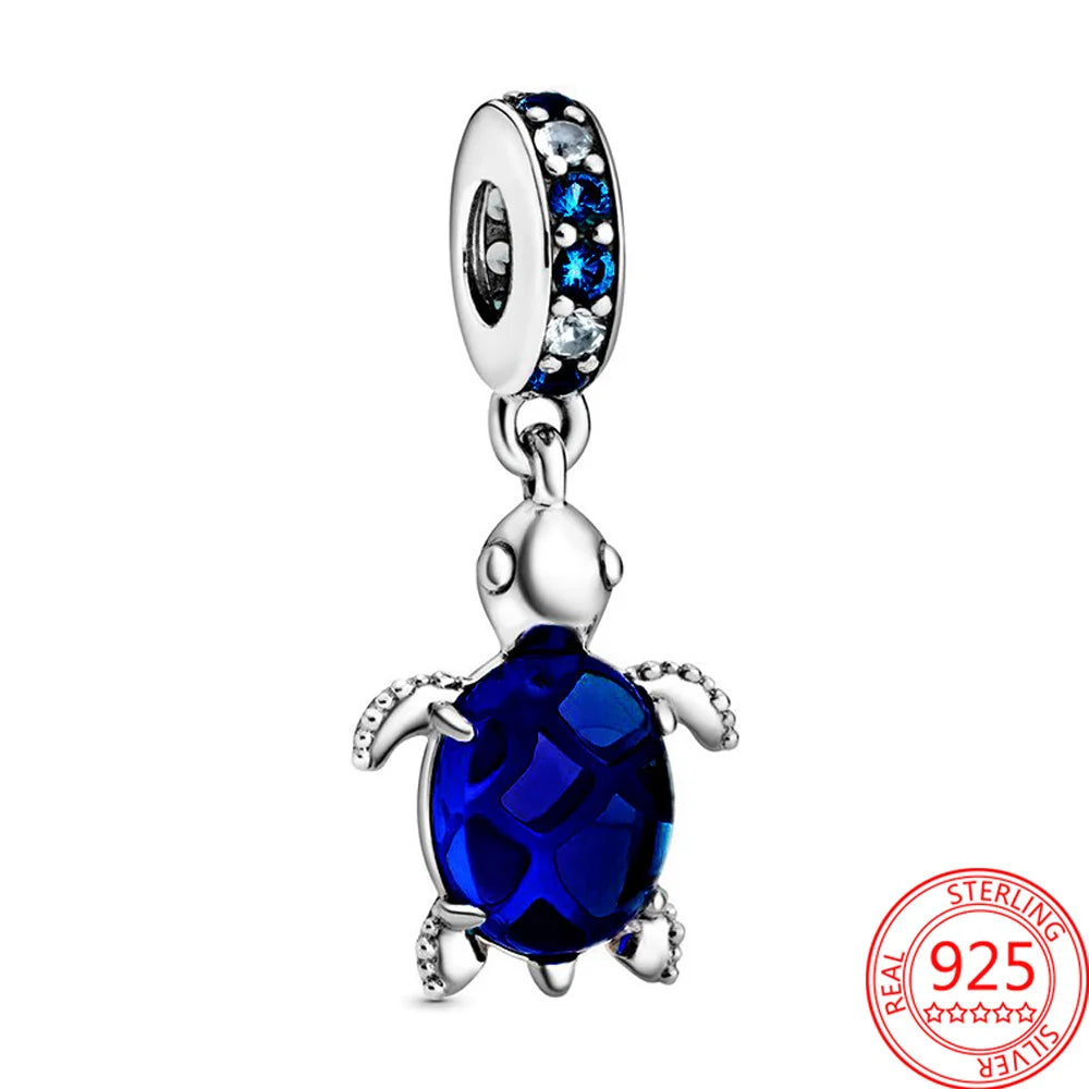 925 Silver Plated Murano Glass Sea Turtle Dangle Charm - Colorful Pink & Blue Jewelry for Women's Bracelet