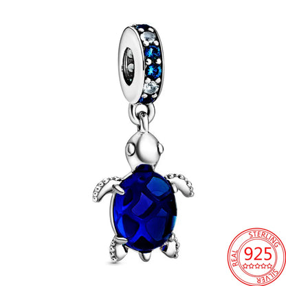 925 Silver Plated Murano Glass Sea Turtle Dangle Charm - Colorful Pink & Blue Jewelry for Women's Bracelet