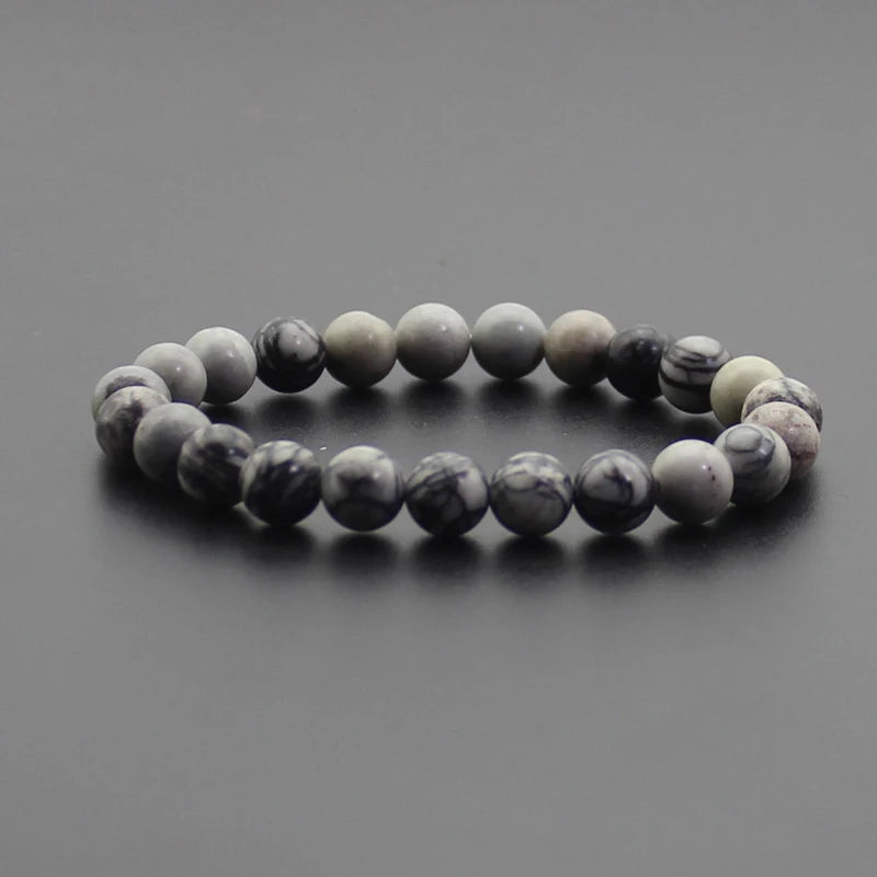 8mm Natural Stone Beaded Bracelet - Black Onyx Lava Tiger Eye Agate Quartz Chakra Yoga Energy Jewelry for Men & Women