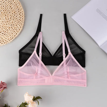 Sheer Mesh Triangle Bra Set - Ultra-Thin Transparent Lingerie with Double Shoulder Straps