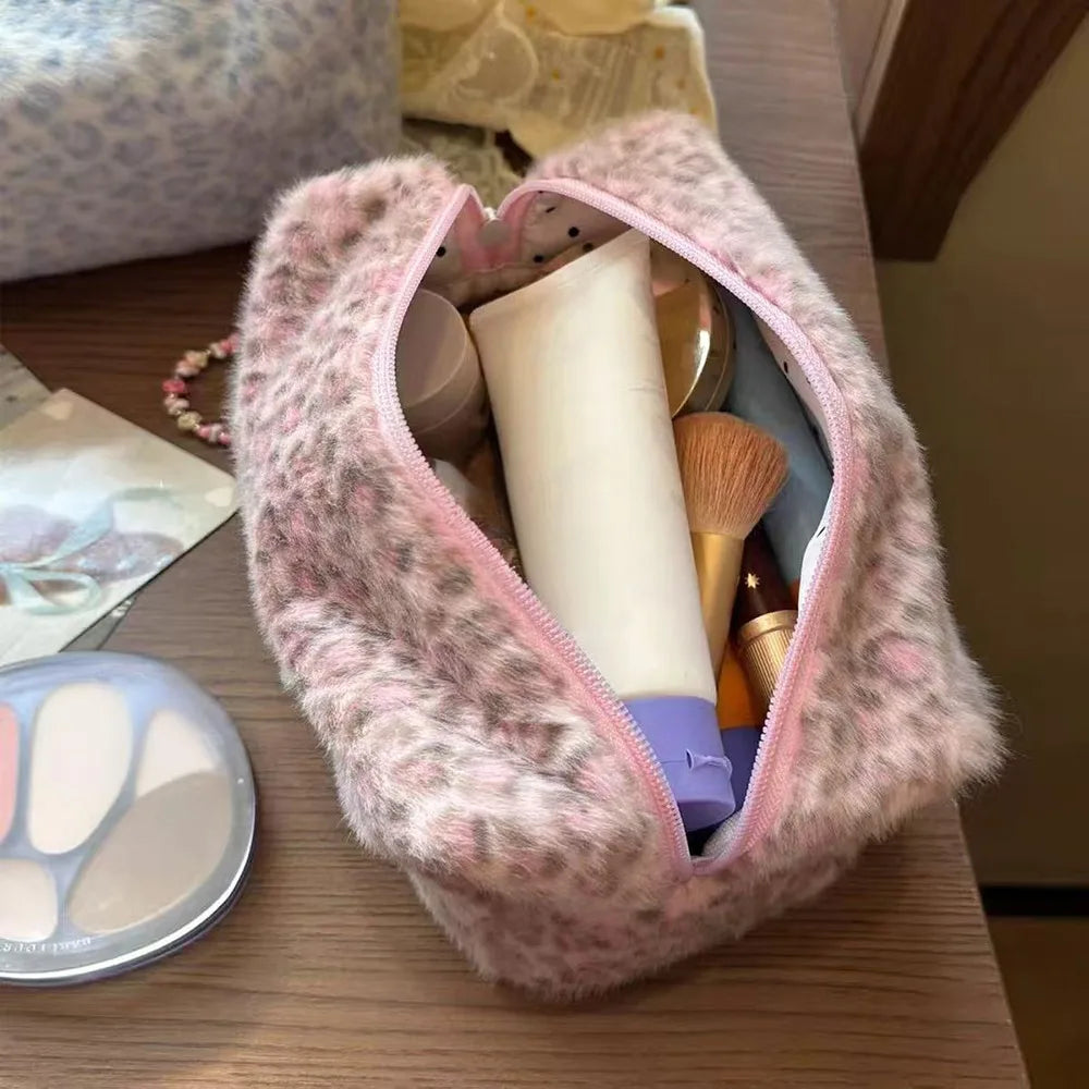 Large Leopard Print Makeup Bag - Fuzzy Portable Cosmetic & Toiletry Organizer with Large Capacity for Travel & Storage