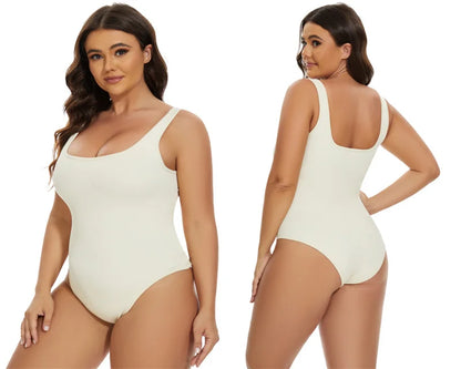 GUUDIA Ribbed Tummy Control Jumpsuit – Light Compression Daily Shaper Bodysuit with Open Crotch Shapewear Design