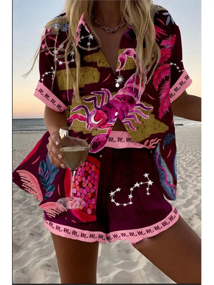 Women’s Summer 2-Piece Set – Lapel Short-Sleeve Shirt & Shorts, Elegant Loose Printed Outfit