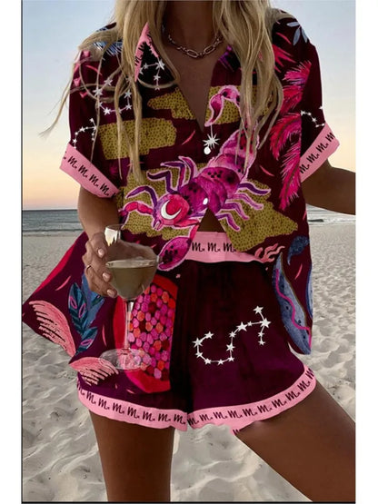 Women’s Summer 2-Piece Set – Lapel Short-Sleeve Shirt & Shorts, Elegant Loose Printed Outfit