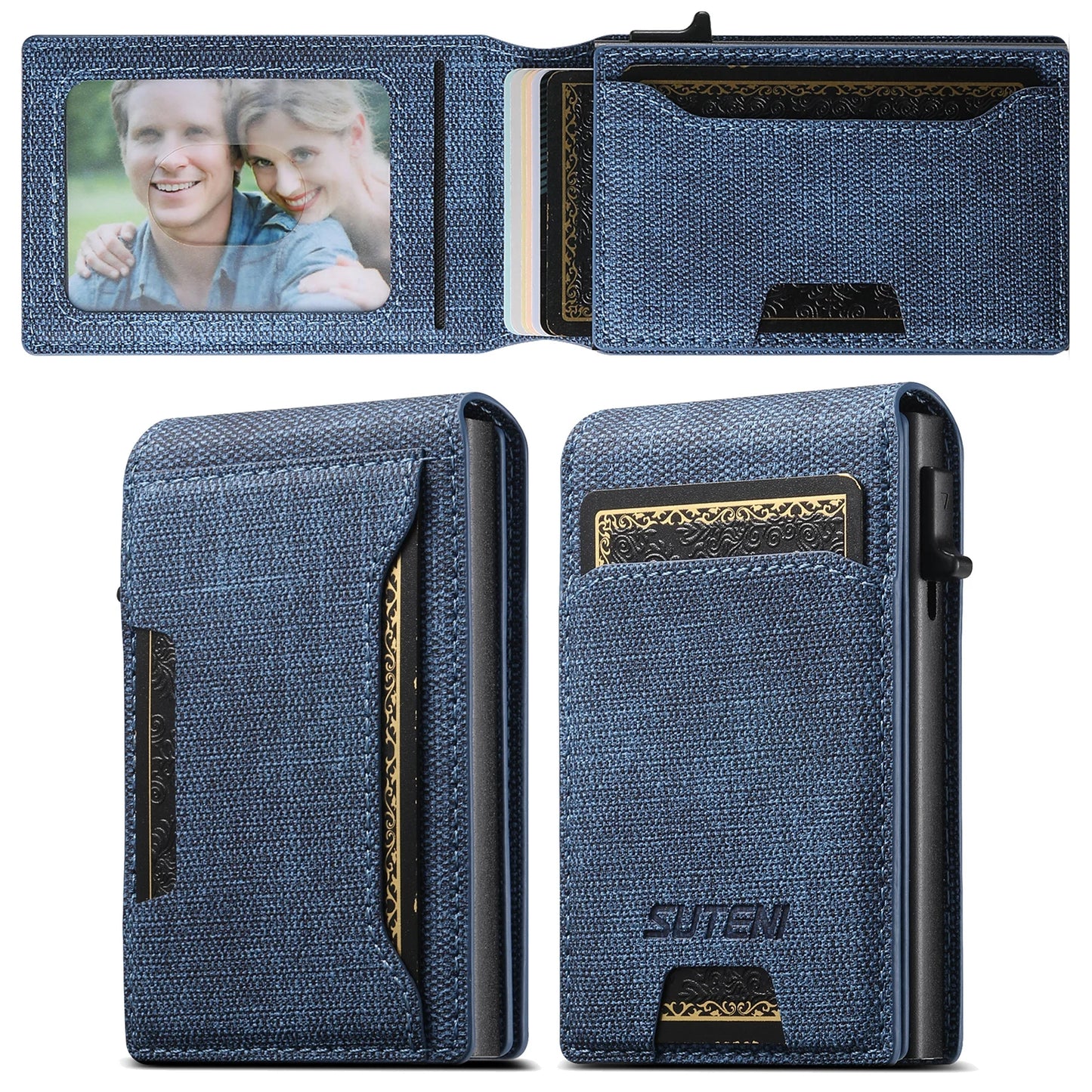 Push-Out PU Leather Card Holder Wallet – Large Capacity for 1–12 Cards & 1 Photo, Black/Brown/Blue
