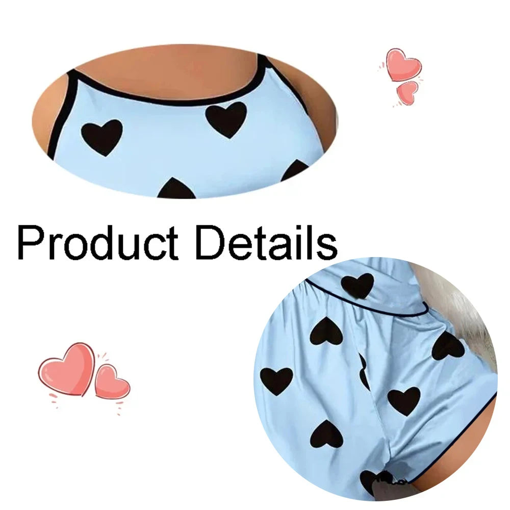 Women’s Pink Heart Pajama Set - Ice Silk T-Shirt & Shorts Casual Summer Sleepwear