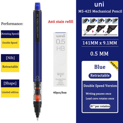 UNIStationery Automatic Mechanical Pencil — 0.5mm Anti-Slip Grip, Rotating Refillable Pen with Anti-Break Core