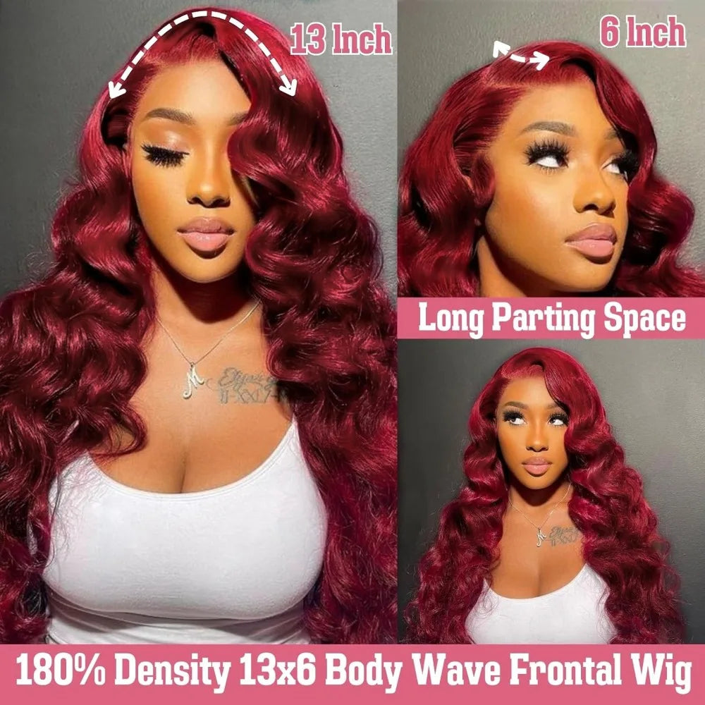 99J Burgundy Lace Frontal Wig – 13x6 Body Wave HD Transparent Lace Front Human Hair, Pre-Plucked 99J Red Color