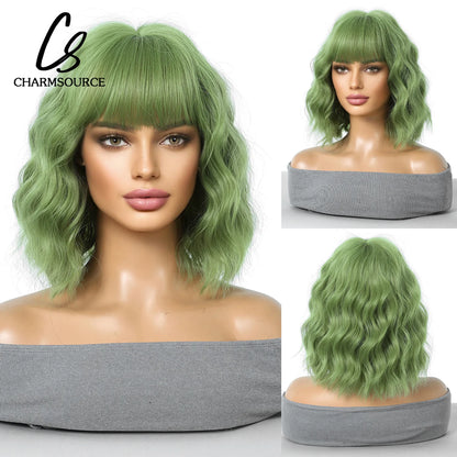 CharmSource Pink BOBO Short Synthetic Wig for Women — Natural Wave, High-Density, Heat-Resistant Hair for Daily & Party