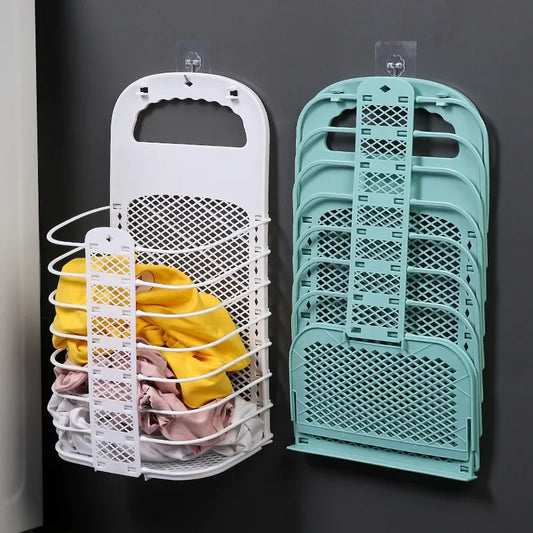 Foldable Plastic Laundry Basket – Wall-Mounted Non-Perforated Clothes Storage for Bathroom