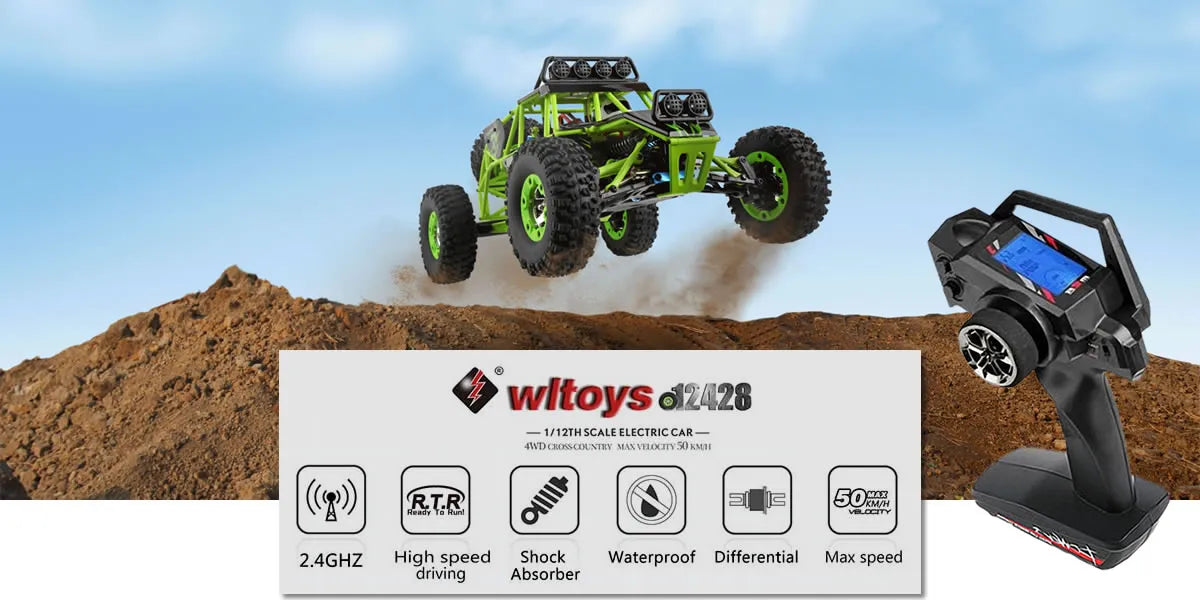 WLtoys 12428 1:12 RC Racing Car — 4WD High-Speed Off-Road Remote Control Buggy with LED Light, Alloy Climbing Truck, Boys & Kids Gift