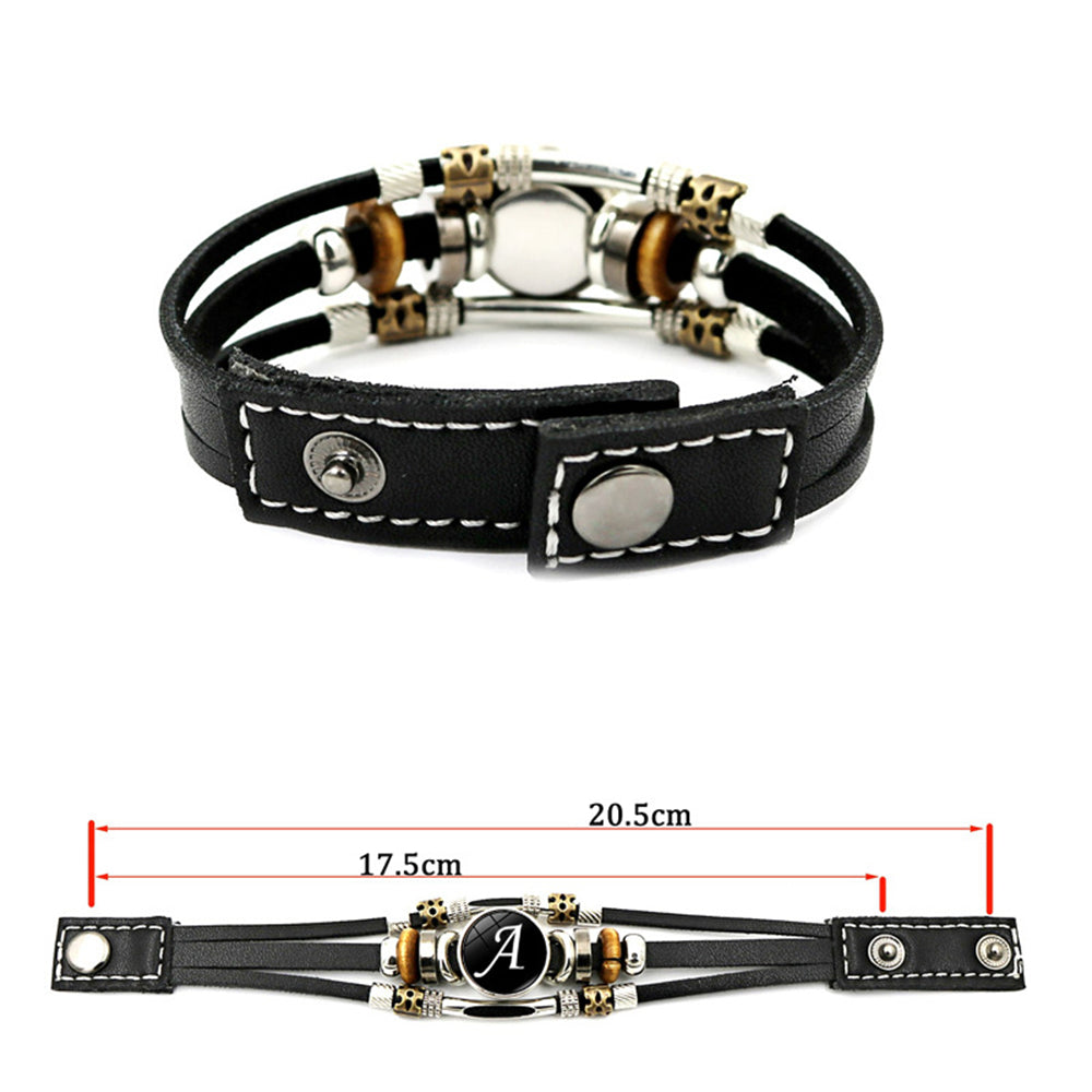 A-Z English Letters Leather Bracelet - 26 Initial Cabochon Glass Snap Wristband for Men & Women, Couple Gift