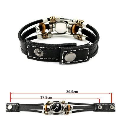 A-Z English Letters Leather Bracelet - 26 Initial Cabochon Glass Snap Wristband for Men & Women, Couple Gift