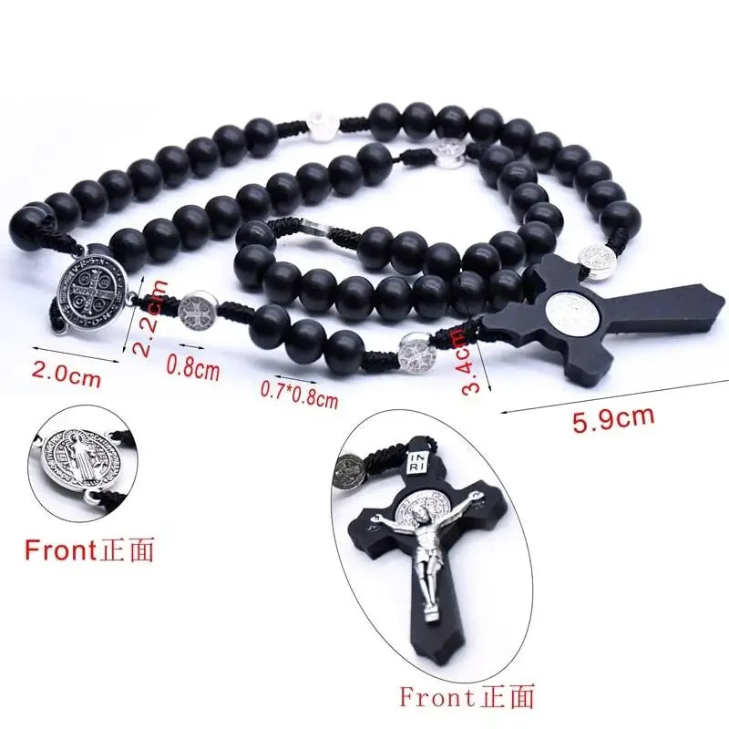 Antique Black Wooden Rosary Car Pendant – Jesus Saint Benedict Cross Beaded Hanging Religious Jewelry for Men & Women