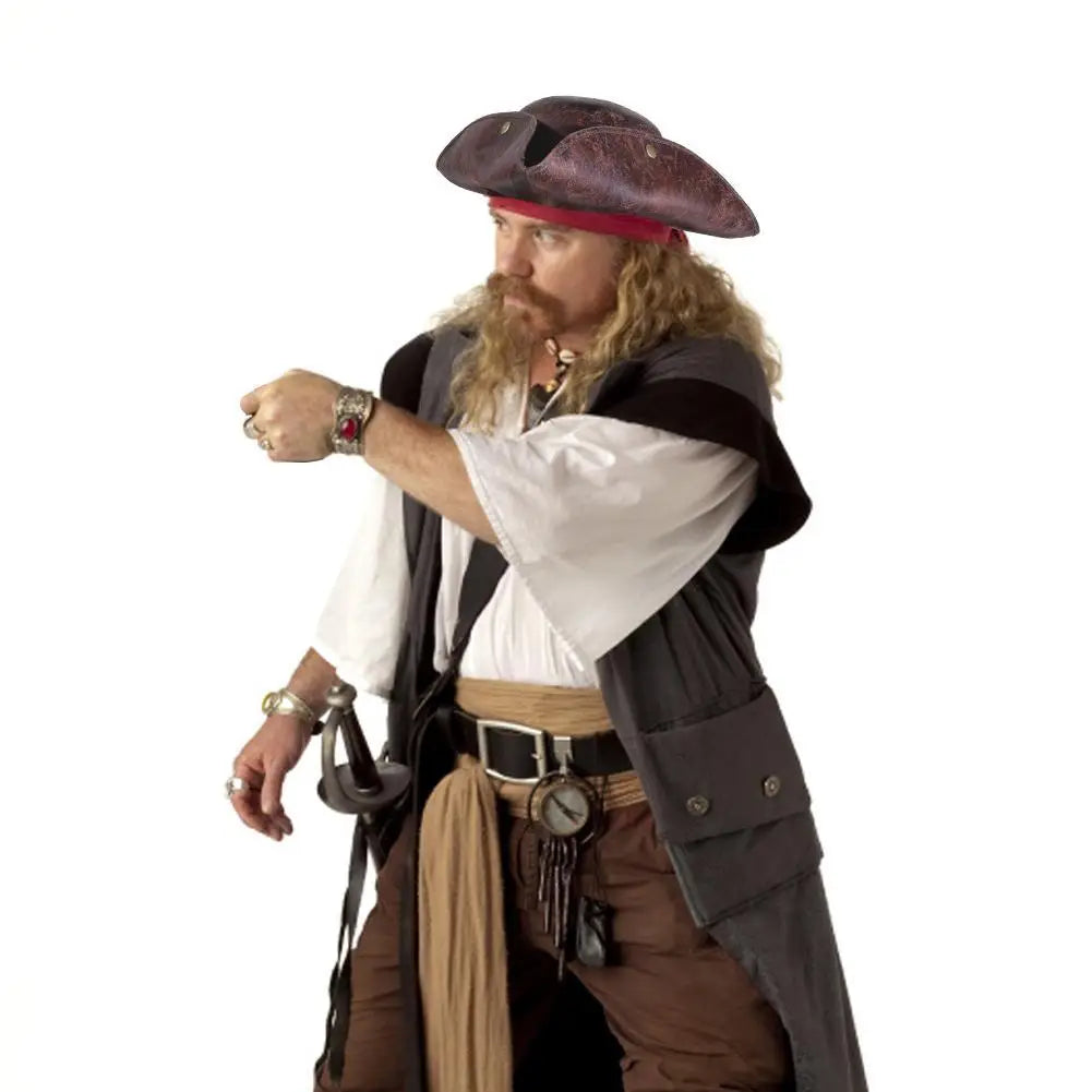 Brown Faux Leather Triangle Pirate Hat – Adult Cosplay Costume Accessory