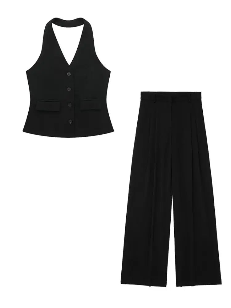 TRAFZA Women’s 2-Piece Set — Sleeveless Halter Vest Top with High-Waist Wide Leg Pants & Zipper Pockets
