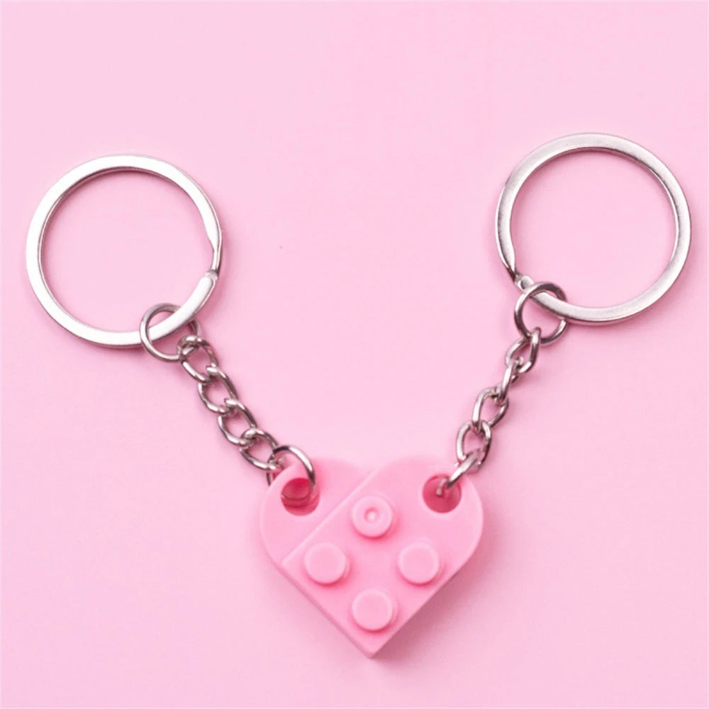 2-Piece Love Heart Brick Keychain Set - Matching Couple and Friendship Building Block Key Rings, Valentine’s Day Gifts