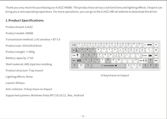 AJAZZ AK680 Mechanical Keyboard – 68 Key Wired/Wireless Bluetooth Gamer Keyboard with Hot-Swap Custom Gasket for PC and Laptop