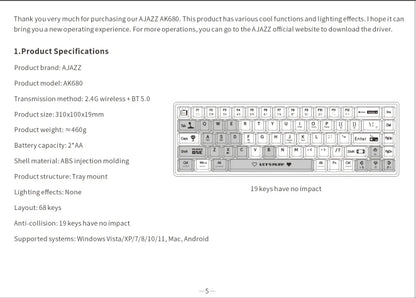 AJAZZ AK680 Mechanical Keyboard – 68 Key Wired/Wireless Bluetooth Gamer Keyboard with Hot-Swap Custom Gasket for PC and Laptop