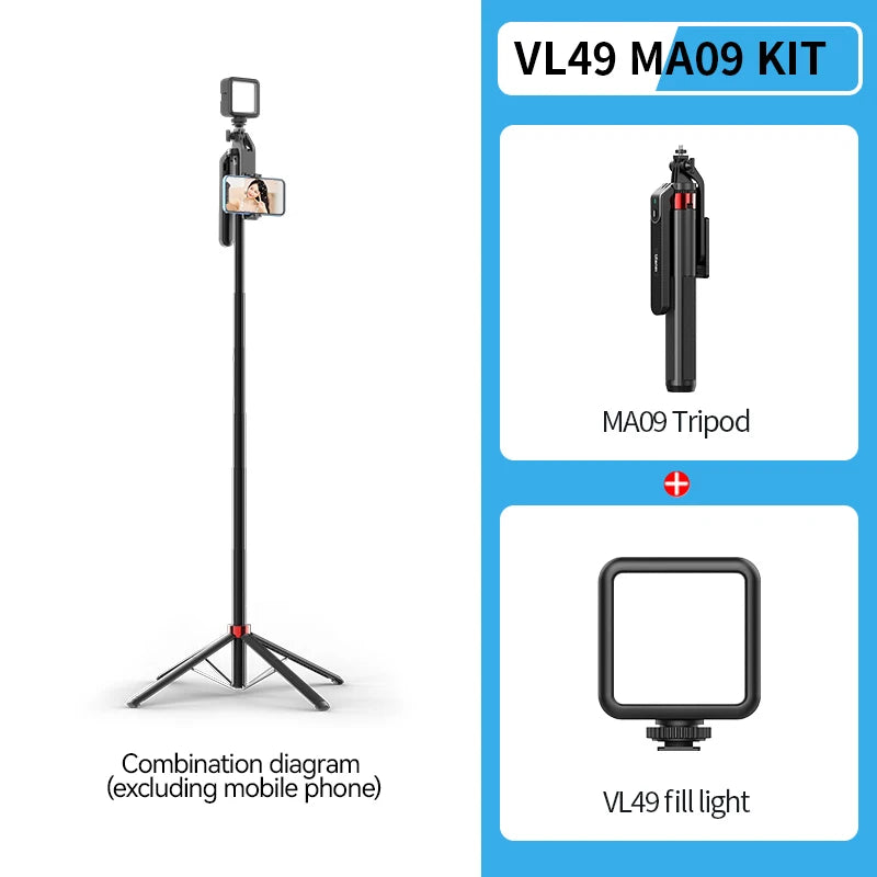 Ulanzi MA09 1.8m Selfie Stick Tripod – Remote Control Tripod for iPhone 16-13 Pro Max & Android with Panoramic Ball Head Holder