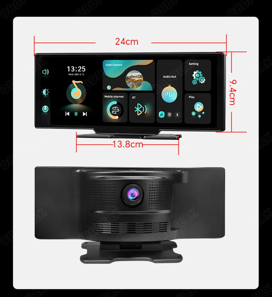 OBDPEAK K2 2.0 Dash Cam – 10.26" 4K Car DVR with CarPlay & Android Auto, GPS Navigation, Rearview Mirror Video Recorder