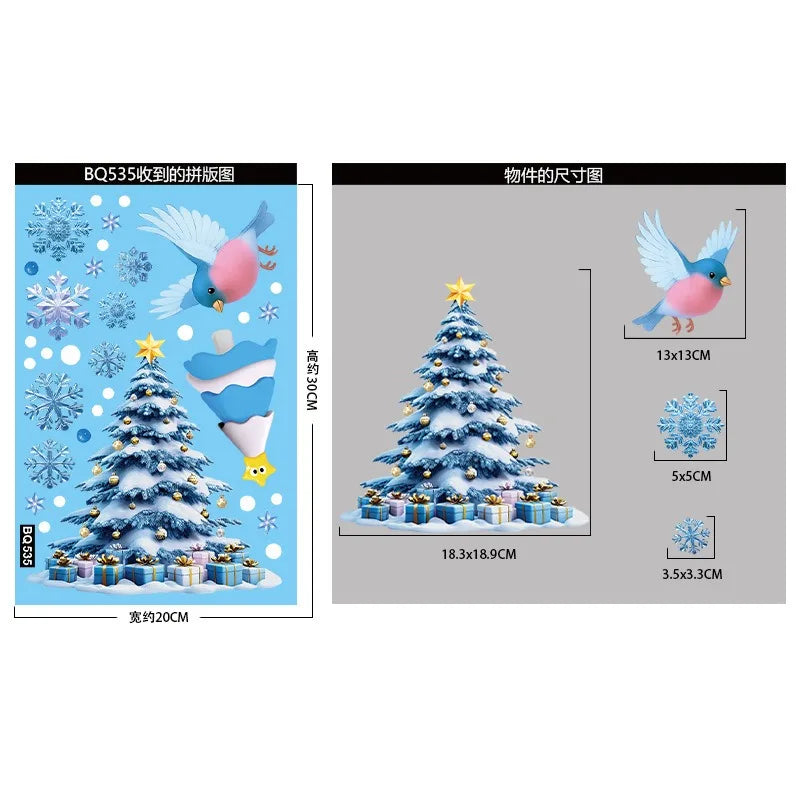 Christmas Blue Snowman Window Stickers – Santa, Snowflake, Bird & Elk Ornaments for Merry Christmas 2025 and Happy New Year 2026