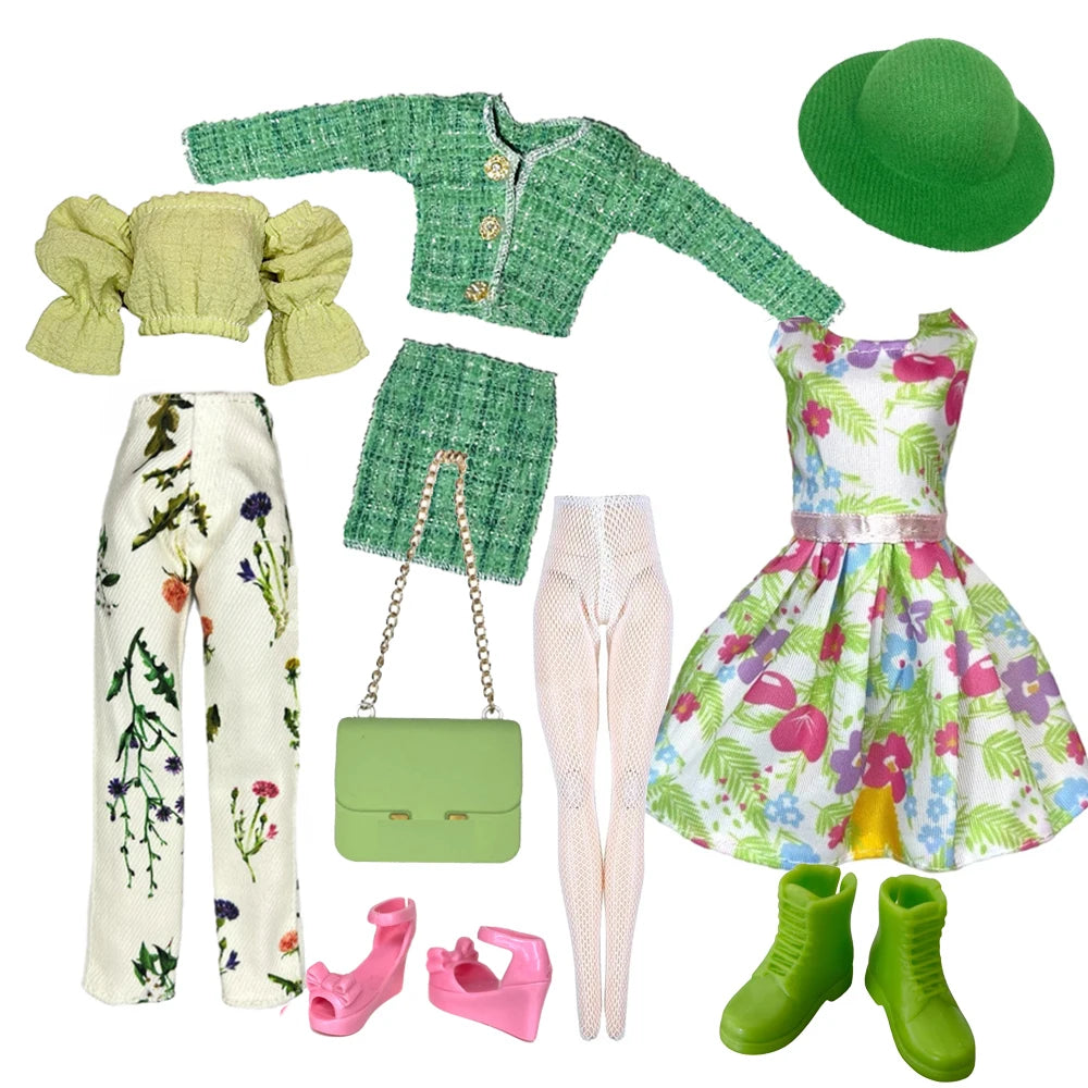 Elegant 1/6 Doll Outfit – Pink Houndstooth Dress, Hat, Gold Belt, Handbag & Shoes Set
