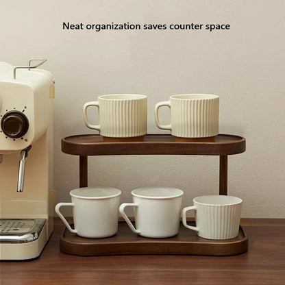 2-Tier Bamboo Makeup & Cup Organizer – Wooden Vanity Rack for Coffee Mugs, Counter & Kitchen Storage