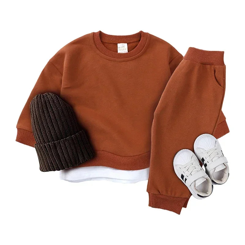 2PCS Kids Clothes Set for 1-7Y - Solid Cotton Pullover Sweatshirt & Pants, Long Sleeve Autumn Outfits for Boys & Girls