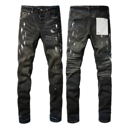 2025 Men’s High Street Ripped Skinny Jeans — Low Rise Blue Distressed Denim Fashion Repair Trousers 9003