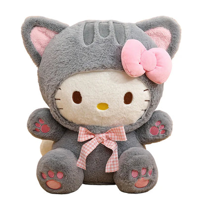 Cute Grey Cat Hello Kitty Plush Doll - Checkered Bow Stuffed Toy, Soft Pillow & Home Decoration Gift, 20–60 cm