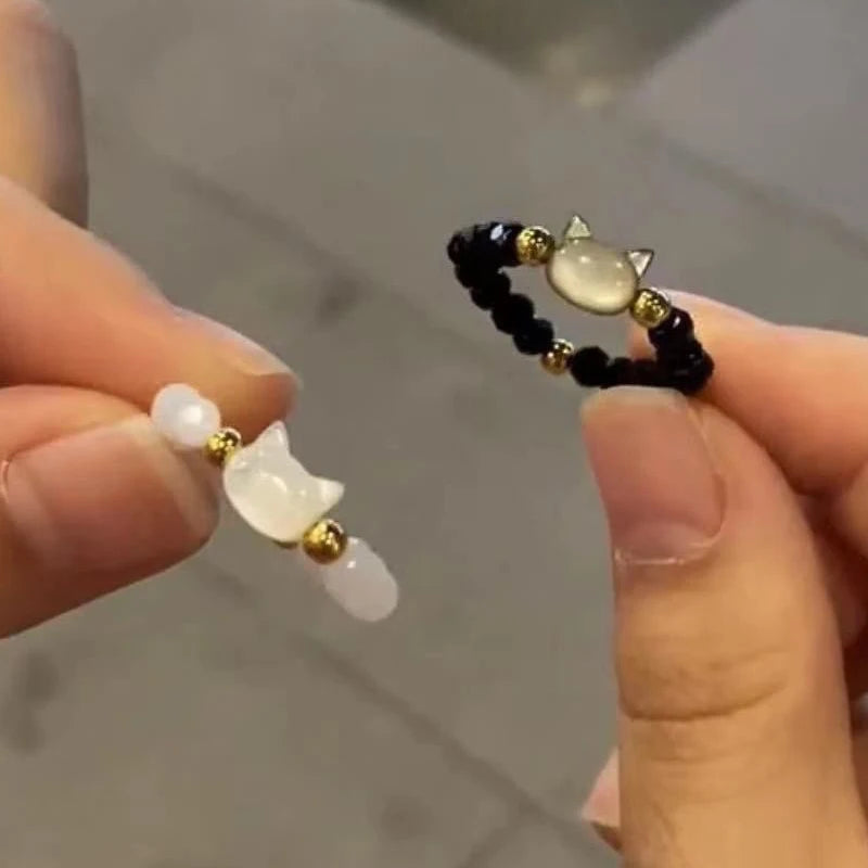 Cute Cat Beaded Rings - Handmade Black & White Stone Couple Rings for Women & Men Korean Fashion Lovers Friends Jewelry Gift