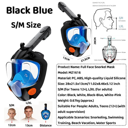 Full Face Snorkel Mask - 180° Panoramic Anti-Fog Dry-Top Leak-Resistant Diving Gear for Adults