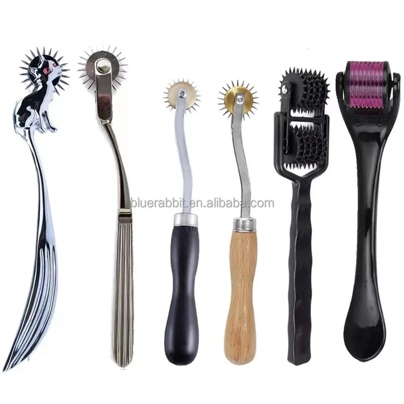 BDSM Mini Wartenberg Pinwheel — Sensation Fetish Spiked Metal Wheel with Sheath, Three-Wheel Design
