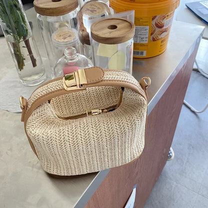 Summer Small Straw Handbag — Trendy Woven Bucket Crossbody Shoulder Bag, Casual Beach Tote for Girls