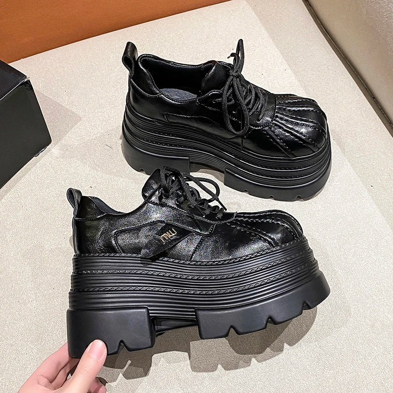 2025 Women’s Leather Sneakers – Spring High Platform Lace-Up Casual Shoes, 10CM Thick Sole Walking Zapatos Mujer