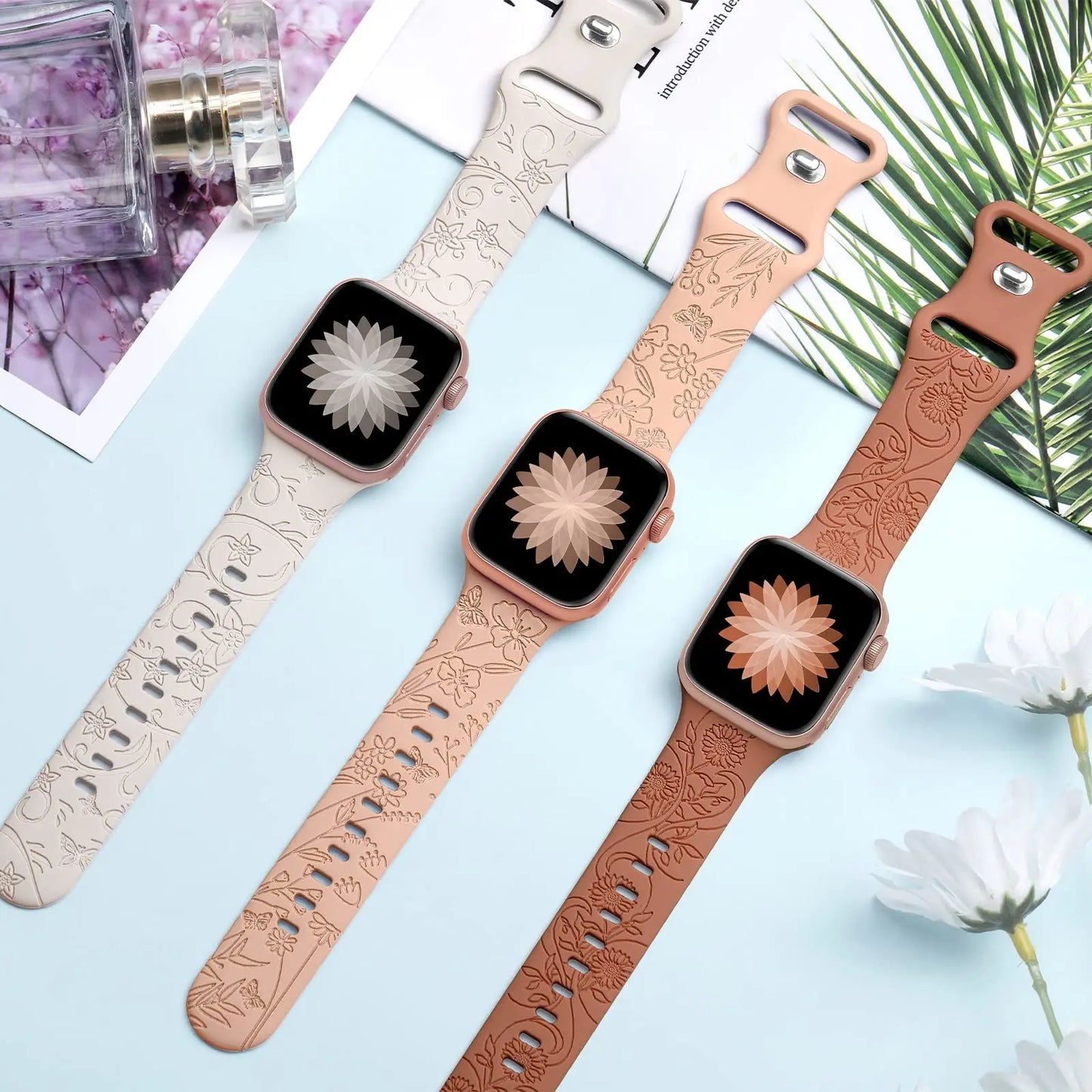 Floral Engraved Strap for Apple Watch Band - 44mm, 42mm, 41mm, 40mm, 45mm, 49mm - Correa Bracelet for iWatch Series 9, 7, SE, 6, 8, Ultra 2