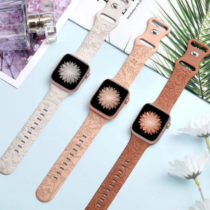 Floral Engraved Strap for Apple Watch Band - 44mm, 42mm, 41mm, 40mm, 45mm, 49mm - Correa Bracelet for iWatch Series 9, 7, SE, 6, 8, Ultra 2
