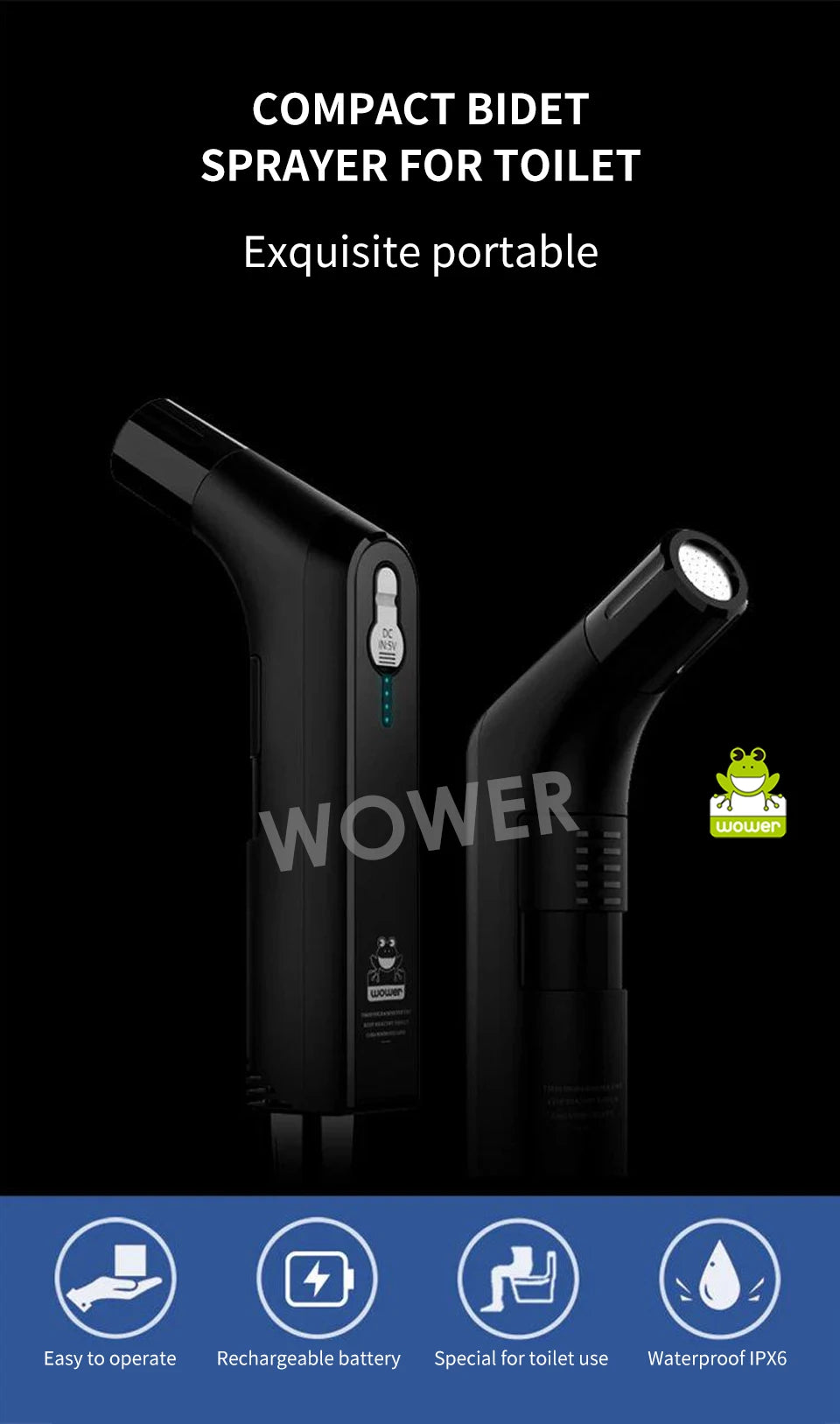 Wower Portable Electric Bidet for Personal Hygiene – 2.3L Rechargeable Shattaf Travel & Camping Bidet Shower Sprayer