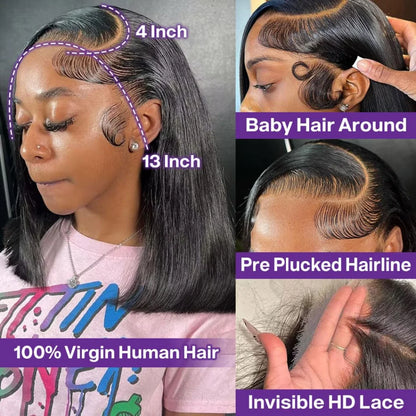 Bob Wigs 13x6 Lace Front Human Hair — 220 Density Short Straight Brazilian Closure HD Transparent Lace Frontal for Women