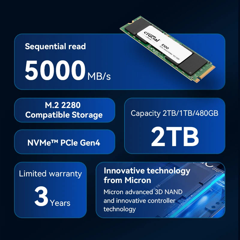 Crucial NVMe M.2 SSD – 480GB/1TB/2TB PCIe 4.0x4 5000MB/s for PS5, Laptop, PC